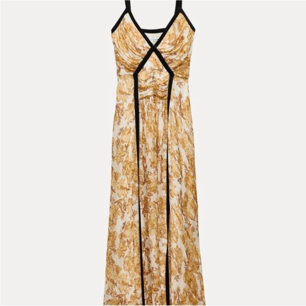 Zara Floral Maxi Dress in Cream and Mustard with Black Trim